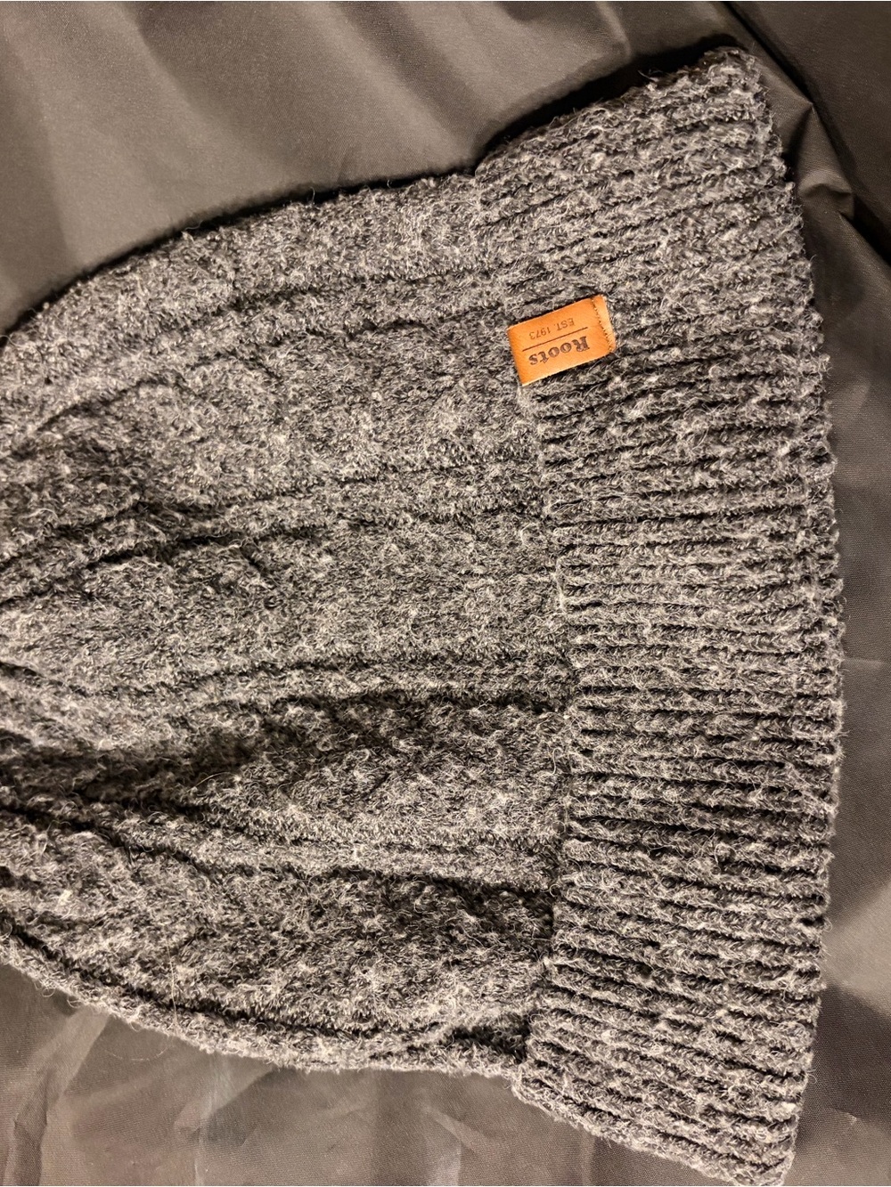 Roots Women's Charcoal Knit Beanie with Leather Logo Patch